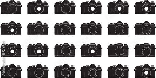 A grid of black silhouette icons of vintage and modern cameras on a white background vintage camera