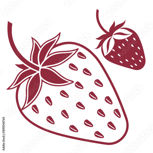 Two ripe strawberries with leaves attached, illustrated in a charming and playful style.