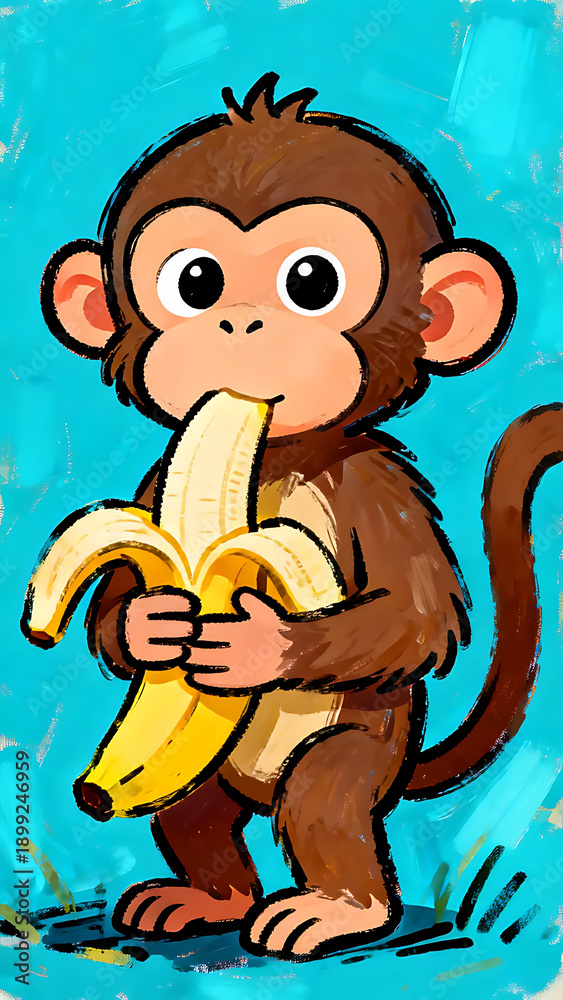 Naklejka premium Playful cartoon monkey eating a banana on green grass under blue sky, front view digital illustration for children's books and education