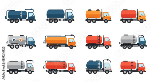 Collection of various tanker trucks for liquid transport.