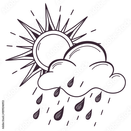 A dramatic illustration of a sun partially obscured by dark, stormy clouds with heavy rainfall.