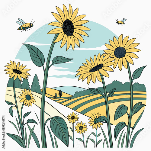 A vibrant field of sunflowers with bees buzzing around in a picturesque countryside setting