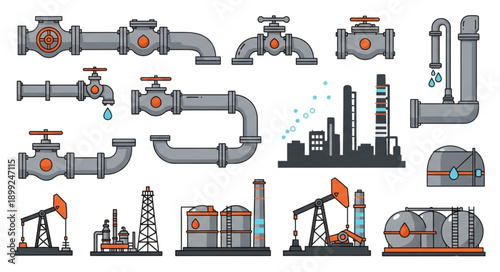 Industrial oil and gas industry equipment and facilities illustration.