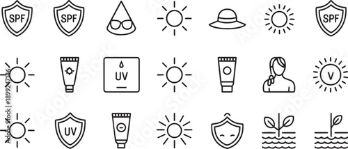 Sun protection icons and symbols for skin care and UV safety