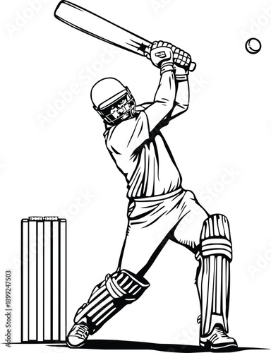 Black and white illustration of a cricket player batting with a bat and ball near wickets Keywords: cricket, player, batsman, batting, sport, game, action, swing, bat, ball, wickets, stumps, bails