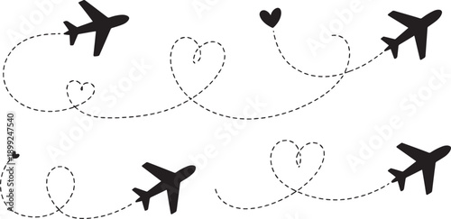 Airplanes and heart shapes connected by dotted lines