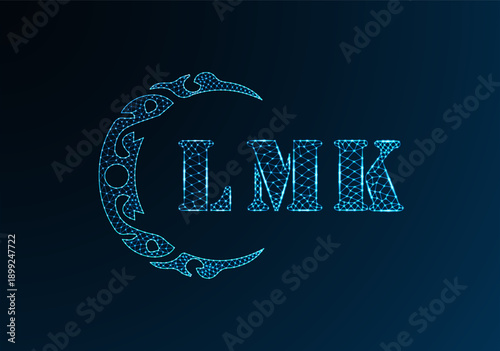 Low poly letter logo LMK design. LMK letter logo low poly vector design on blue color gradient background. LMK logo low poly design