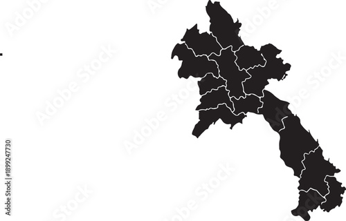 Laos PDR Black Silhouette Map - Detailed Provincial Administrative Borders Vector