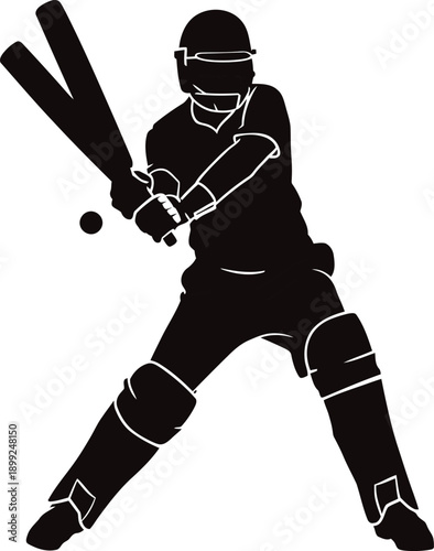 Black silhouette of a cricket player in a batting stance with a bat and ball on a white background Keywords: cricket, player, batsman, silhouette, sport, game, action, batting, stance, bat, ball