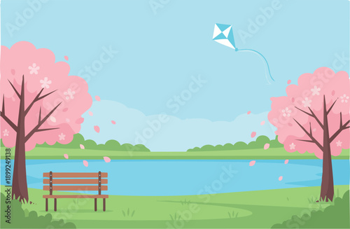 Spring park landscape with blooming cherry blossom trees. Flat vector nature background