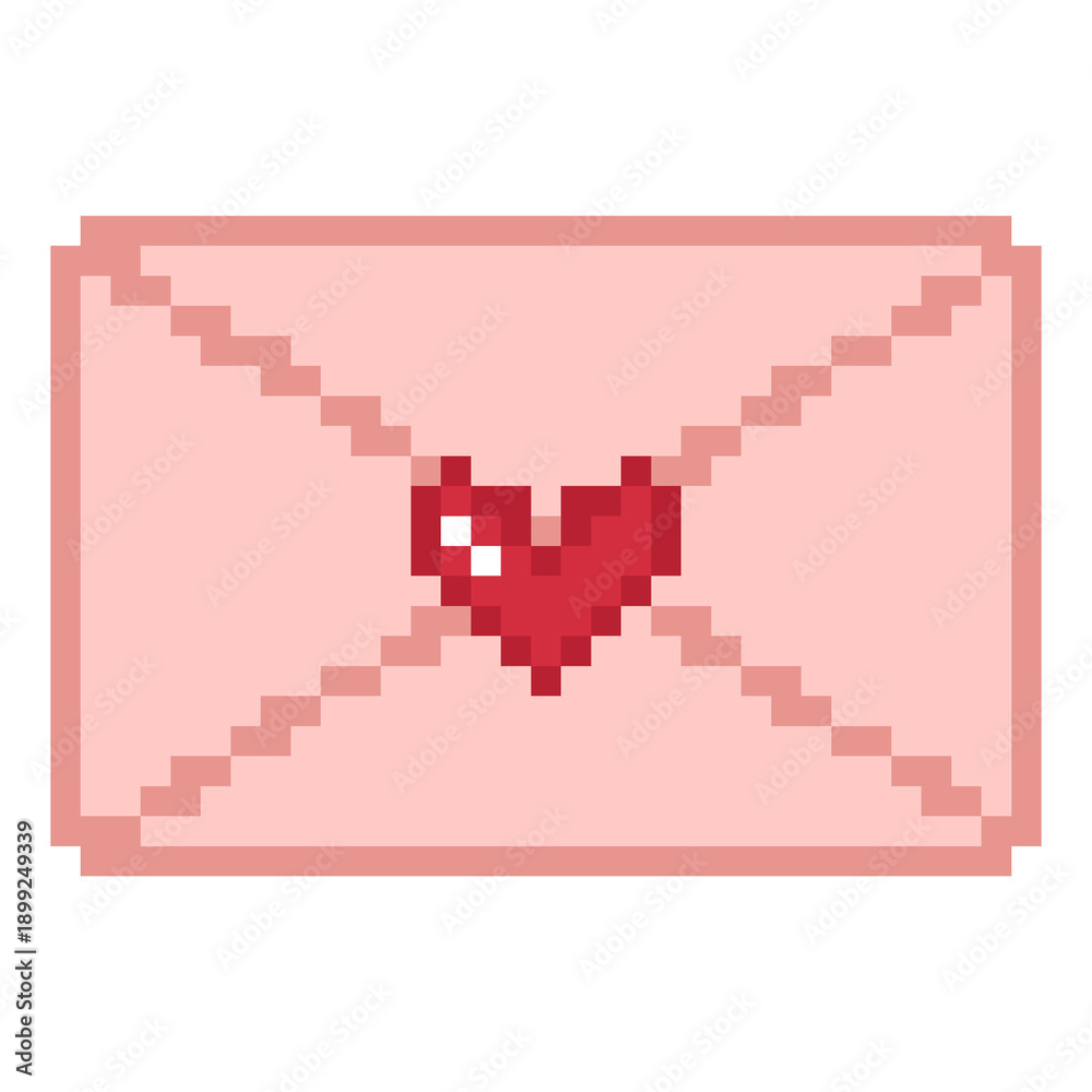 Fototapeta premium Pink pixel art envelope icon sealed with a small red heart stamp