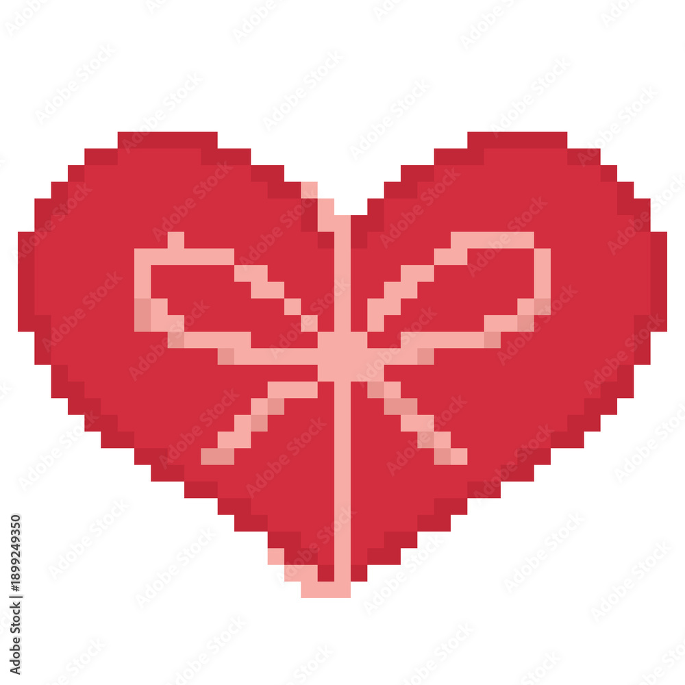 Obraz premium Red pixel art heart icon wrapped with a simple ribbon bow decoration