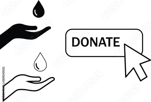Monochrome donate icon with hands and symbolic drops, featuring a clickable button and cursor