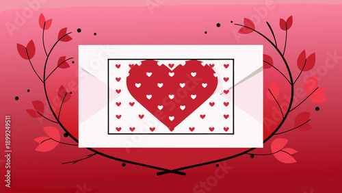 Valentine's day love message card with bold red heart centerpiece and floral design on pink background for romantic expressions and affectionate greetings