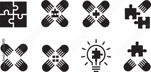 Diverse Puzzle Pieces and Teamwork Concepts Icon Set