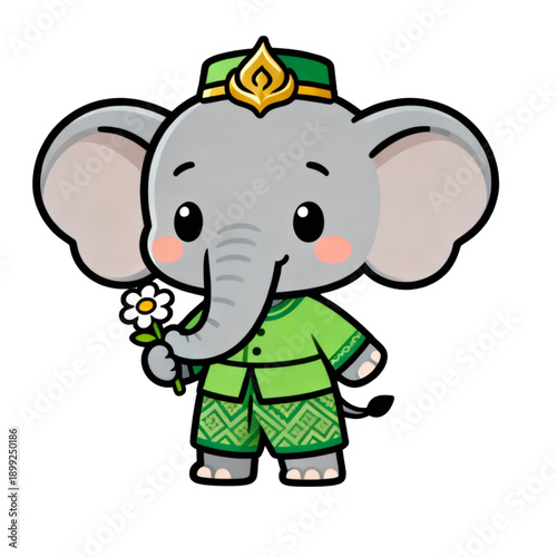 Adorable Cartoon Elephant in Lampung Outfit Flat Illustration