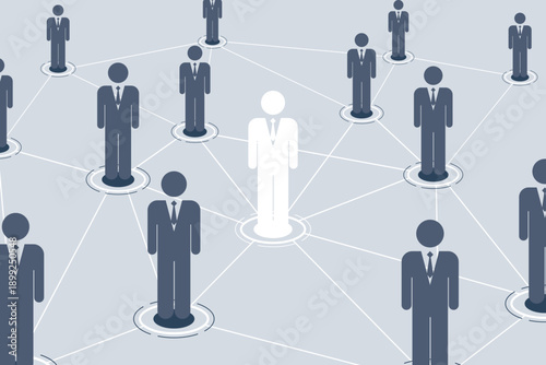Global human resources network and business connection concept with people icons linked together. Flat vector illustration of international teamwork, social media, and remote work.