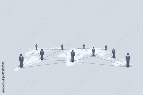 Global human resources network and business connection concept with people icons linked together. Flat vector illustration of international teamwork, social media, and remote work.