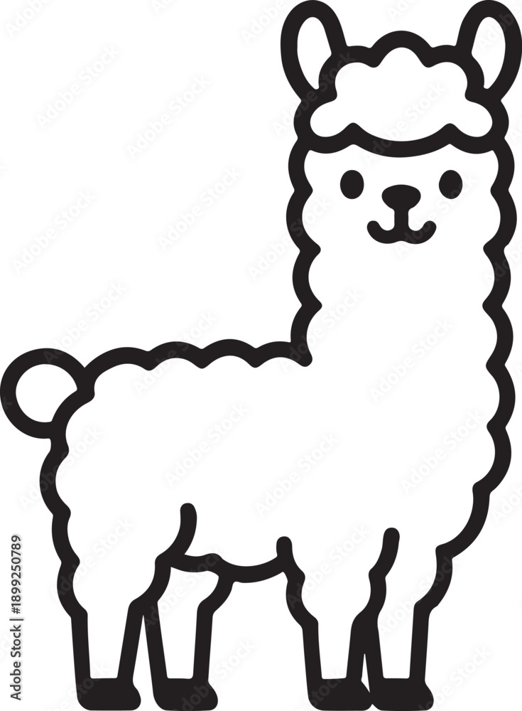 Fototapeta premium A whimsical black and white line drawing of a stylized alpaca standing upright.
