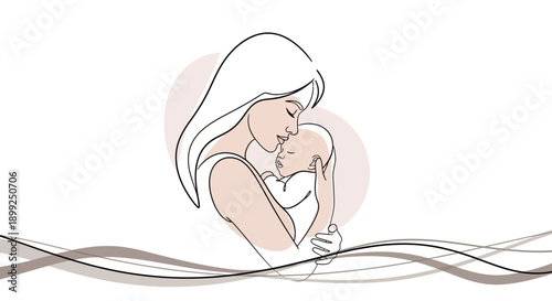 A tender line art illustration depicts a mother holding her baby close, symbolizing maternal love and connection.