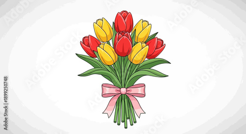 A beautiful bouquet of red and yellow tulips tied with a pink ribbon, perfect for spring.