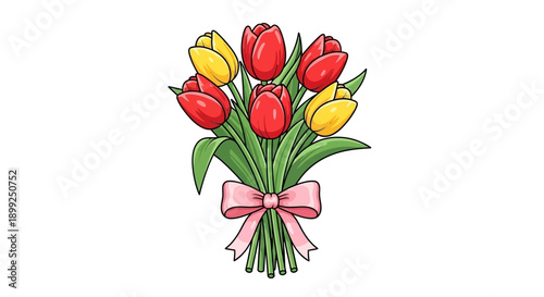 A vibrant bouquet of red and yellow tulips tied with a pink ribbon, presented against a white background.