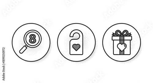 Three circular icons featuring a magnifying glass with the number 8, a door hanger with a heart, and a gift box with a heart.