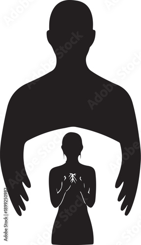 Silhouette of a man protecting a small child figure