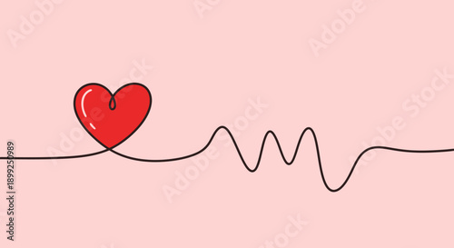 A simple red heart connected to a continuous line representing a heartbeat on a soft pink background.