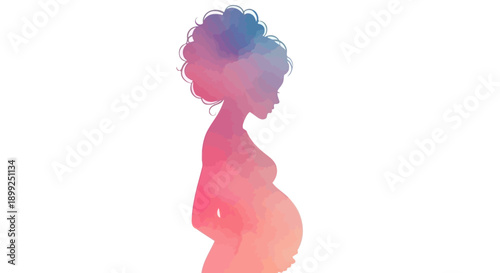 Silhouette of a pregnant woman with an afro hairstyle, depicted in a watercolor style with vibrant pink, purple, and blue hues against a white background.