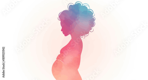 Silhouette of a pregnant woman with an afro, rendered in a watercolor style with vibrant pink, blue, and purple hues.