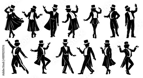 Collection of Silhouettes of Performers in Top Hats and Tuxedos in Various Poses.