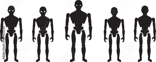 Five black silhouette figures of stylized robots or mannequins standing in a row on white background