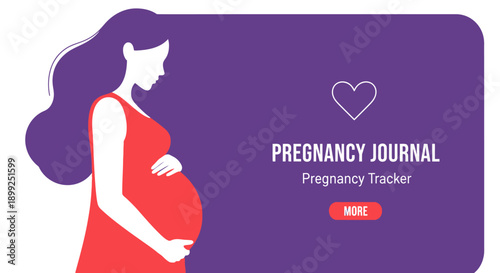 Illustration of a pregnant woman holding her belly, with text 'Pregnancy Journal' and 'Pregnancy Tracker' on a purple background.