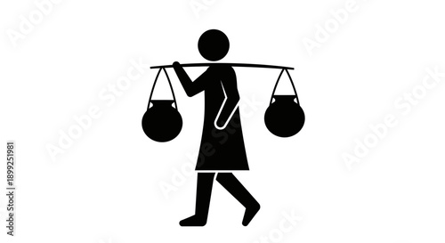 Woman carrying water buckets on shoulder pole.
