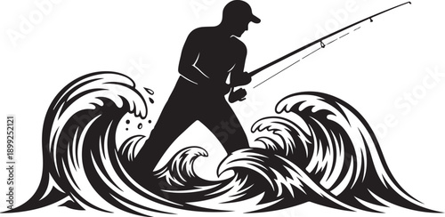 Man fishing in ocean waves with a silhouette style