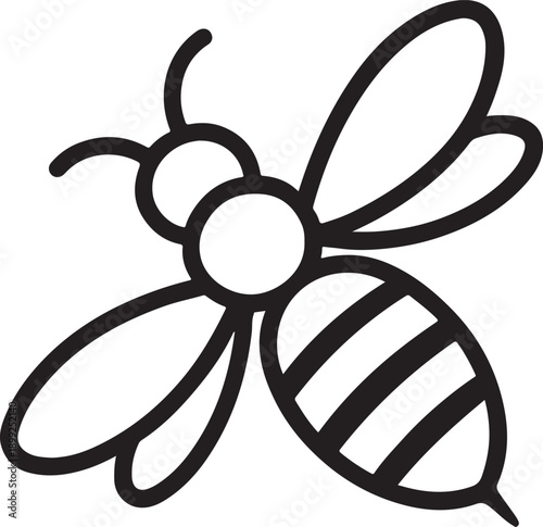 A simple black and white illustration of a cartoon bee with distinct striped body and wings
