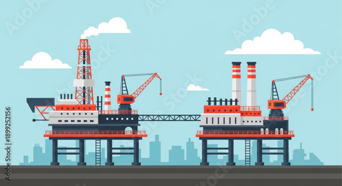 Offshore Oil Rigs Working Together in the Ocean.