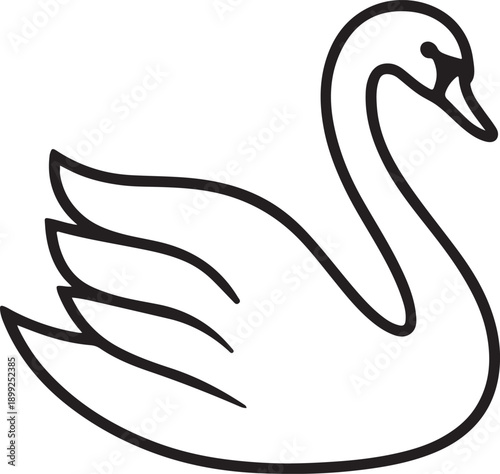 Graceful black and white line drawing of a swan in serene flight posture