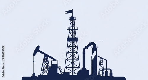 Oil drilling rig and pumpjack silhouette industrial landscape.