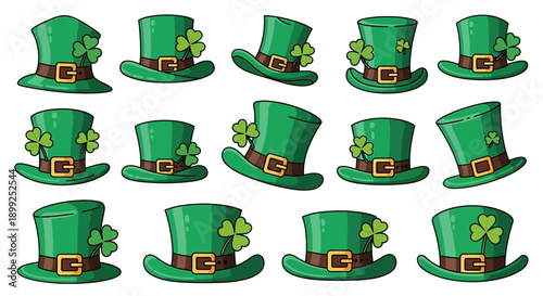 Collection of cartoon green leprechaun hats with shamrocks, perfect for St. Patrick's Day celebrations and Irish cultural themes.