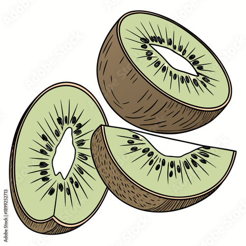 A vibrant illustration of three slices of kiwi fruit, showcasing their bright green flesh and tiny black seeds.