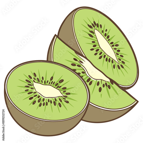 A vibrant illustration of three sliced kiwi fruits showcasing their bright green flesh and tiny black seeds.