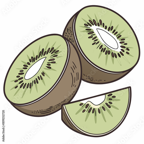 Three sliced kiwi fruits displayed on a white background