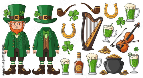 A collection of St. Patrick's Day themed items including a leprechaun, shamrocks, gold, green beer, and musical instruments.