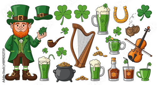 A vibrant collection of St. Patrick's Day symbols including a leprechaun, shamrocks, green beer, a pot of gold, and traditional Irish instruments.