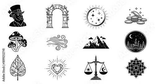 A collection of black and white line art icons featuring fantasy, nature, and symbolic elements like a mad hatter, moon, mountains, mushrooms, and a balance scale.