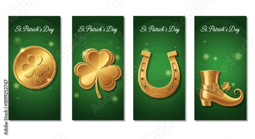 Four green St. Patrick's Day banners featuring golden symbols like a shamrock coin, clover, horseshoe, and leprechaun boot.