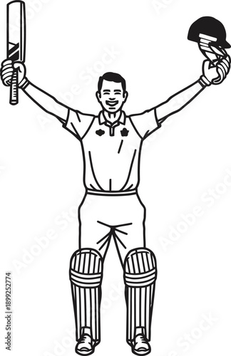 Line drawing illustration of a triumphant male cricket player holding a bat and helmet aloft on a white background