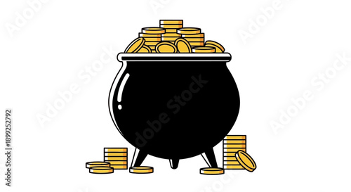 A black pot overflowing with shiny gold coins, symbolizing wealth, fortune, and financial prosperity.
